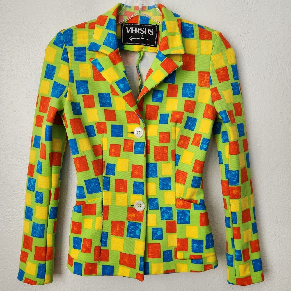 Vintage Rare VERSUS Gianni Versace Multi Color Geometric Lime Green Blazer XS